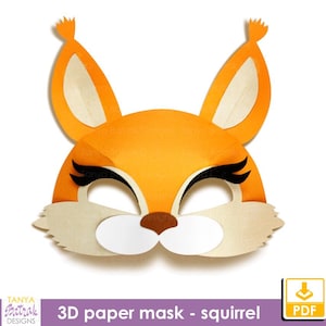 Könnte beinhalten: Eine 3D-Papiermaske eines Eichhörnchens mit orangefarbenem Fell, schwarzen Augen und einer weißen Nase. Die Maske ist zum Ausschneiden und Zusammenbauen gedacht.