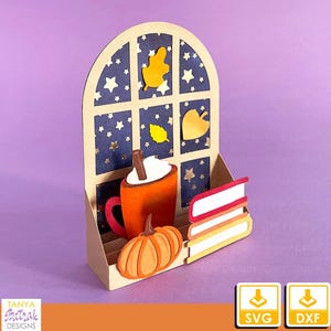 Cartão de caixa de janela de outono com livros SVG, cartão de outono SVG, artesanato de outono, cartão de caixa de outono, artesanato de papel de outono