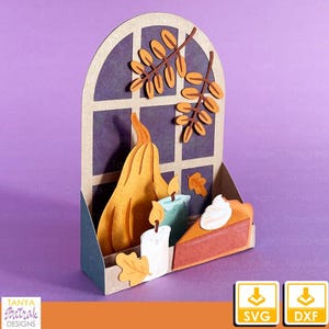 Cartão de caixa de janela de outono, torta de abóbora SVG, cartão de outono SVG, artesanato de outono, cartão de caixa de outono, artesanato de papel de outono, cartão de Ação de Graças, Ação de Graças SVG