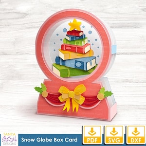 Biglietto natalizio con scatola ombra con globo di neve, biglietto PDF stampabile, biglietto con libri, biglietto per amanti dei libri, SVG natalizio, biglietto pop-up natalizio, biglietto stampabile
