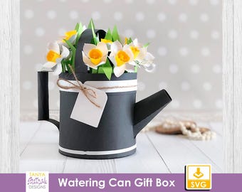 Watering Can Gift Box SVG with Paper Daffodils (Digital Download)
