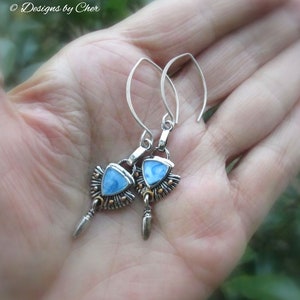 Blue Enamel Mixed Metal Earrings Hand Forged Sterling Silver Hammered Almond Earwires, Antique Silver/Gold & Petite Drops image 1