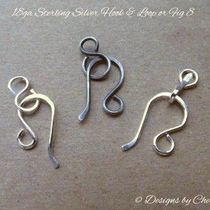 Sterling Silver Hook & Eye or Loop Clasp 18ga Bright or Oxidized 2pc set Hand Forged Jewelry Component MTO image 1