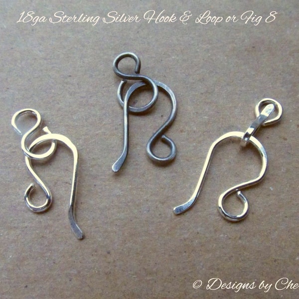 Sterling Silver Hook & Eye or Loop Clasp (18ga) Bright or Oxidized  (2pc set) Hand Forged Jewelry Component MTO