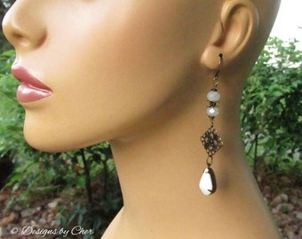 Antique Brass Victorian Filigree Earrings, White Crystal and Vintage Glass Teardrops Leverback Earwires, Long 3.5 inch Dangles