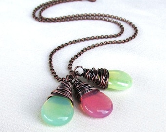 Pastel Opalite Necklace, Antique Copper Rollo Wire Wrapped Pendant, Mint, Pink, Yellow Smooth Briolette - Choose Color