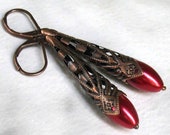 Long Red Satin Earrings, Antique Copper Filigree Cones on Leverbacks - Victorian, Art Nouveau, Steampunk, Gothic, Boho Gypsy