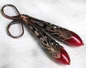 Long Red Satin Earrings, Antique Copper Filigree Cones on Leverbacks - Victorian, Art Nouveau, Steampunk, Gothic, Boho Gypsy