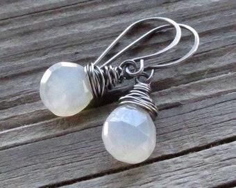 Pearl Chalcedony Earrings, Oxidized Sterling Silver Wire Wrap, Hand Forged Hooks - Mystic Pearl Heart Gemstone Briolettes
