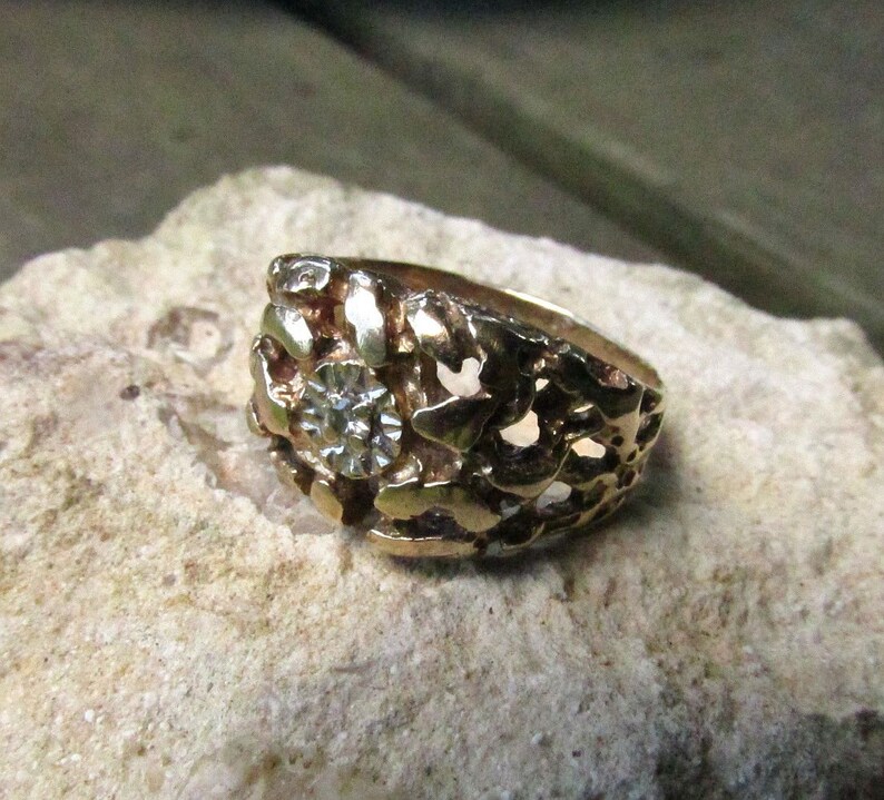 10K Gold Nugget Ring Diamond Set in White Gold, Vintage Size 8.5 JUST REDUCED Unisex Gently Worn image 4