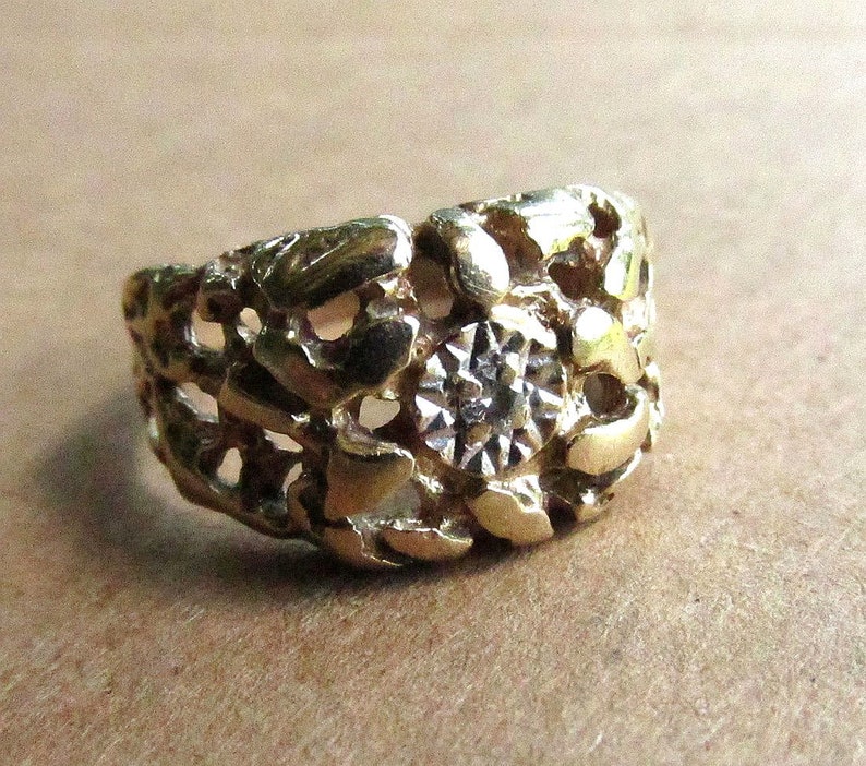 10K Gold Nugget Ring Diamond Set in White Gold, Vintage Size 8.5 JUST REDUCED Unisex Gently Worn image 5