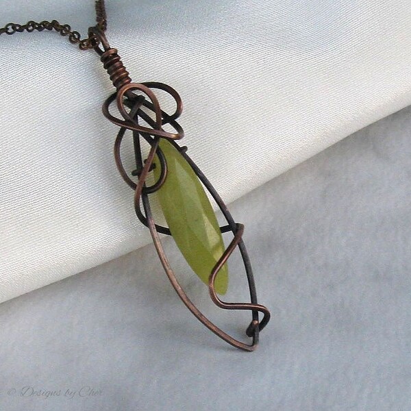 Abstract Olive Jade Marquis Pendant, Antique Copper Necklace, Sculpted Wirework Frame