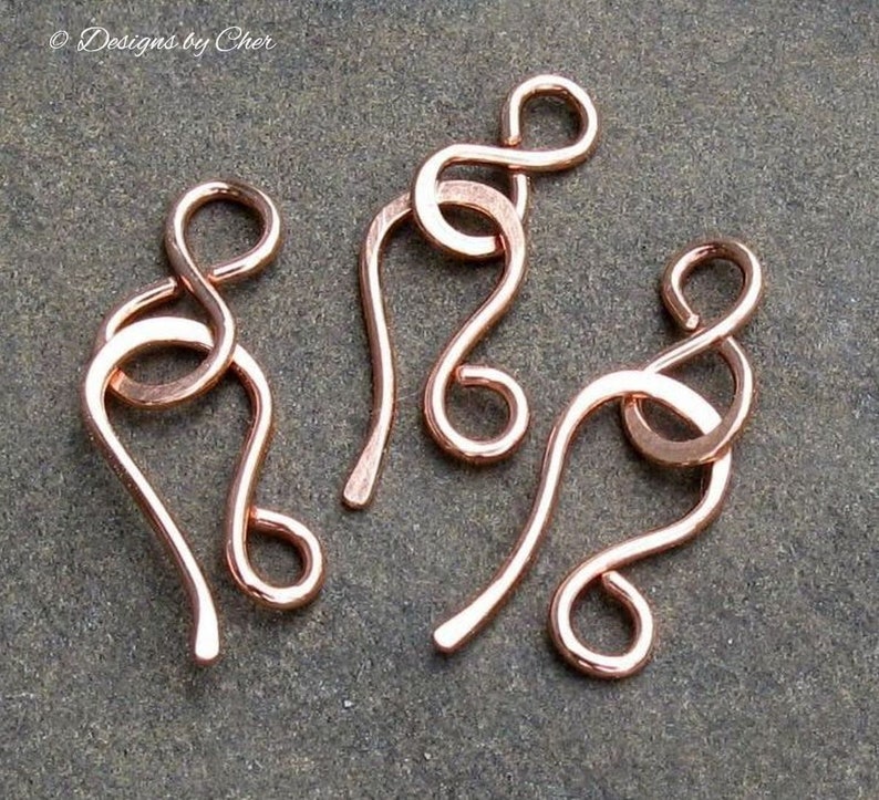 Antiqued or Bright Copper Hook & Eye Clasps 16 ga Hammered Metalwork, Three Sets 6pcs Hand Forged MTO Jewelry Clasps image 2