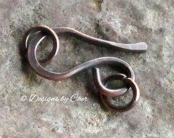 Antiqued Copper Hand Forged Hook Clasp with Rings, Medium Size for Necklace, Bracelet - Jewelry Making MTO Component