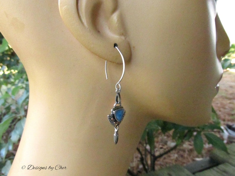 Blue Enamel Mixed Metal Earrings Hand Forged Sterling Silver Hammered Almond Earwires, Antique Silver/Gold & Petite Drops image 5