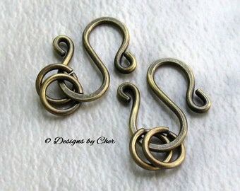 Antiqued Brass 'S' Clasp & Rings (14ga) Hand Forged Hammered Metalwork MTO Jewelry Components - Rustic Unisex Jewelry Making