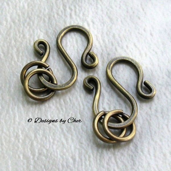 Antiqued Brass 'S' Clasp & Rings (14ga) Hand Forged Hammered Metalwork MTO Jewelry Components - Rustic Unisex Jewelry Making