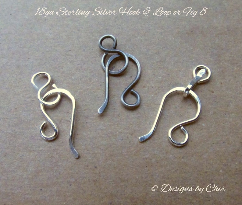 Sterling Silver Hook & Eye or Loop Clasp 18ga Bright or Oxidized 2pc set Hand Forged Jewelry Component MTO image 1