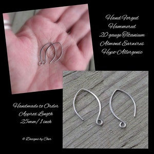 Pure Titanium Silver Almond Earwires 2pr Hypo Allergenic, Hand Forged Hammered, Earring Components Made to Order image 4