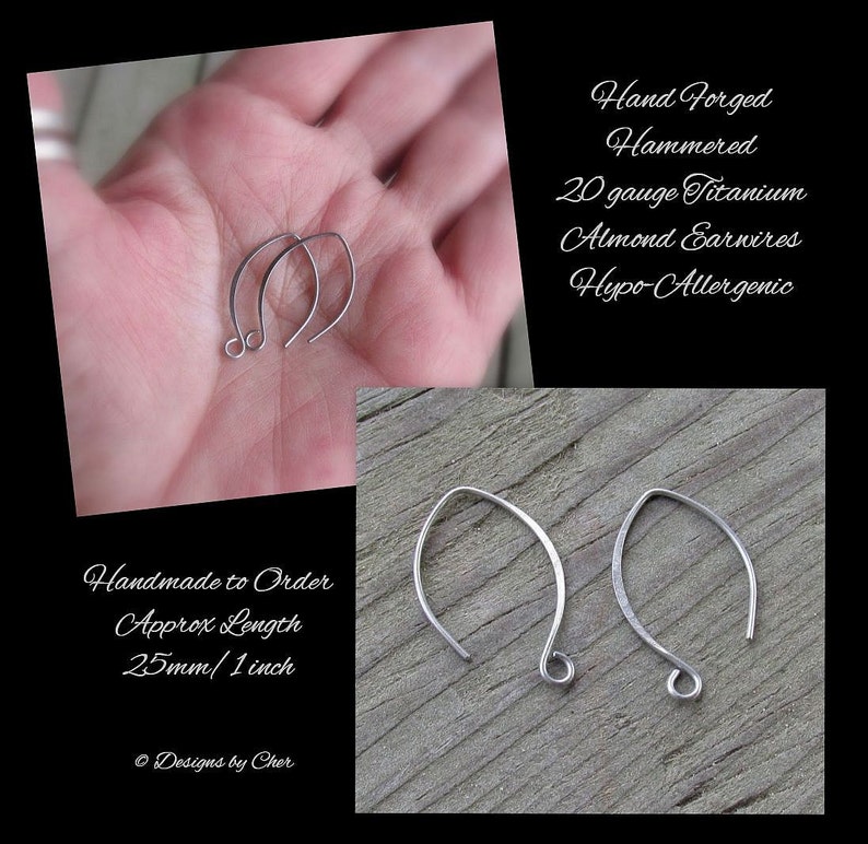 Pure Titanium Silver Almond Earwires 2pr Hypo Allergenic, Hand Forged Hammered, Earring Components Made to Order image 4