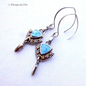 Blue Enamel Mixed Metal Earrings Hand Forged Sterling Silver Hammered Almond Earwires, Antique Silver/Gold & Petite Drops image 2