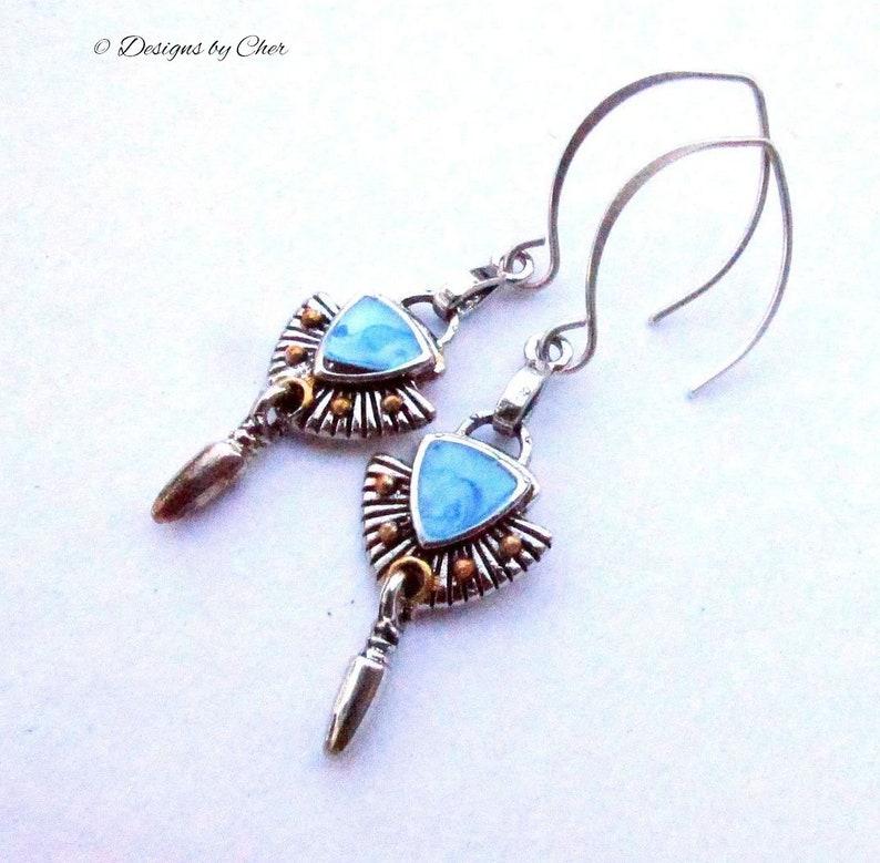 Blue Enamel Mixed Metal Earrings Hand Forged Sterling Silver Hammered Almond Earwires, Antique Silver/Gold & Petite Drops image 2