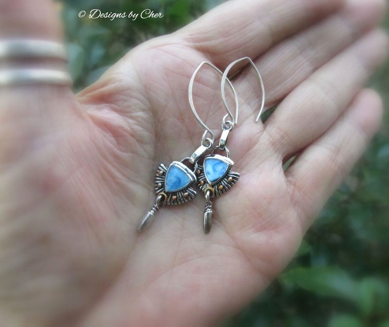 Blue Enamel Mixed Metal Earrings Hand Forged Sterling Silver Hammered Almond Earwires, Antique Silver/Gold & Petite Drops image 1