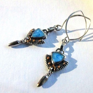 Blue Enamel Mixed Metal Earrings Hand Forged Sterling Silver Hammered Almond Earwires, Antique Silver/Gold & Petite Drops image 6