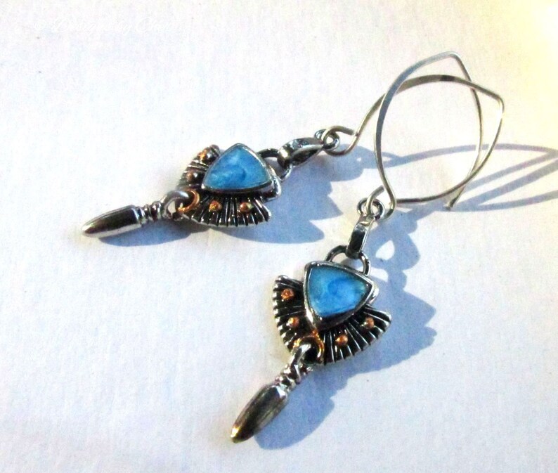 Blue Enamel Mixed Metal Earrings Hand Forged Sterling Silver Hammered Almond Earwires, Antique Silver/Gold & Petite Drops image 6