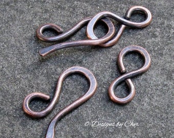 Hand Forged (14ga) Rustic Copper Hook & Eye Clasps, Hammered Metalwork Findings, 2 Sets (4pcs) MTO Jewelry Clasps