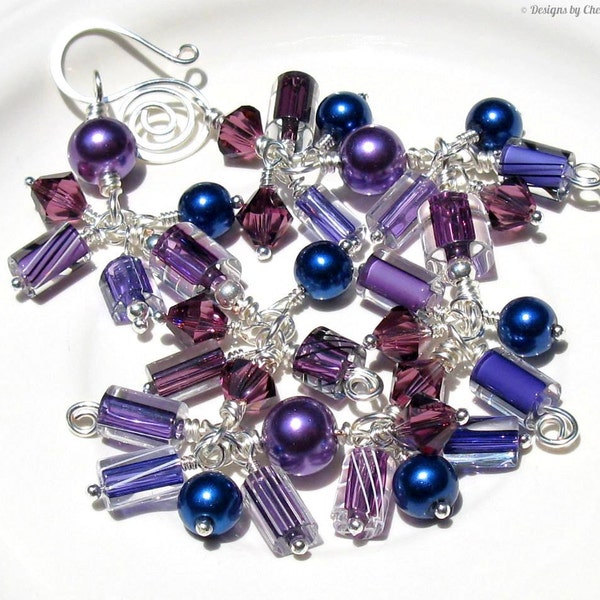 Purple and Blue Charm Bracelet, Cane Glass Swarovski Crystal & Glass Pearl Wire Wrapped Fringe Bracelet, Hand Forged Clasp