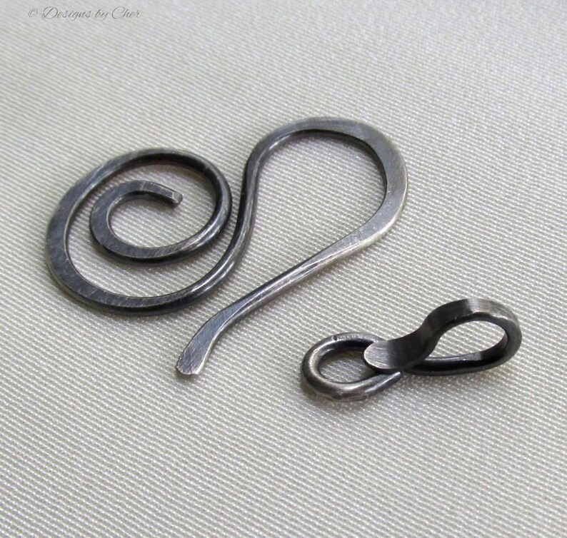 Sterling Silver Clasp 16ga Hand Forged Swirl Hook & Connector 2pc Hammered Metalwork Bright or Oxidized MTO image 3