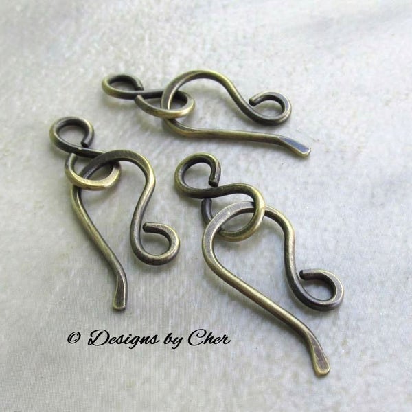 Hand Forged Hook & Eye Clasps (16 ga) Antiqued Brass Hammered Metalwork, Three Sets (6pcs) MTO Jewelry Clasps