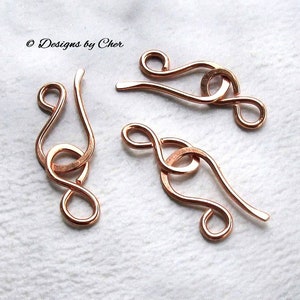 Antiqued or Bright Copper Hook & Eye Clasps 16 ga Hammered Metalwork, Three Sets 6pcs Hand Forged MTO Jewelry Clasps image 1