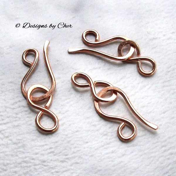 Antiqued or Bright Copper Hook & Eye Clasps (16 ga) Hammered Metalwork, Three Sets (6pcs) Hand Forged MTO Jewelry Clasps