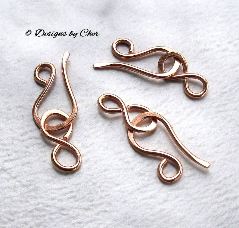 Antiqued or Bright Copper Hook & Eye Clasps 16 ga Hammered Metalwork, Three Sets 6pcs Hand Forged MTO Jewelry Clasps image 1