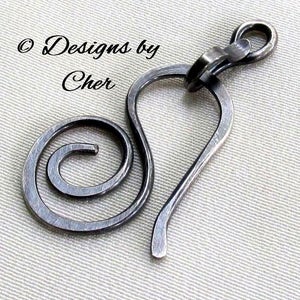 Sterling Silver Clasp 16ga Hand Forged Swirl Hook & Connector 2pc Hammered Metalwork Bright or Oxidized MTO image 1