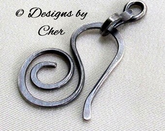 Sterling Silver Clasp (16ga) Hand Forged Swirl Hook & Connector (2pc) Hammered Metalwork - Bright or Oxidized - MTO