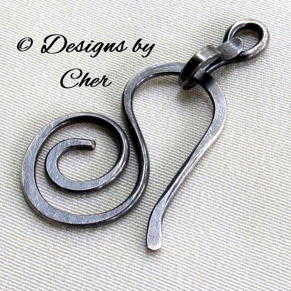 Sterling Silver Clasp (16ga) Hand Forged Swirl Hook & Connector (2pc) Hammered Metalwork - Bright or Oxidized - MTO