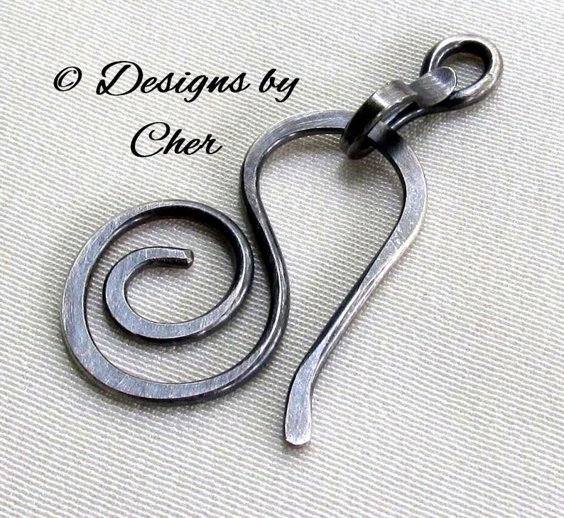 Sterling Silver Clasp 16ga Hand Forged Swirl Hook & Connector 2pc Hammered Metalwork Bright or Oxidized MTO afbeelding 1