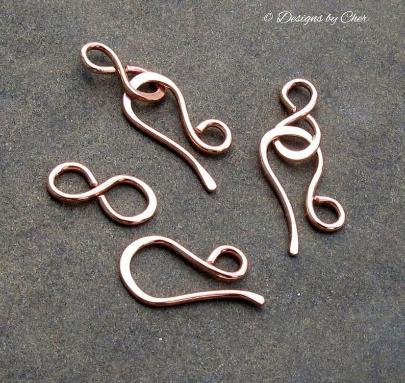 Antiqued or Bright Copper Hook & Eye Clasps 16 ga Hammered Metalwork, Three Sets 6pcs Hand Forged MTO Jewelry Clasps image 4