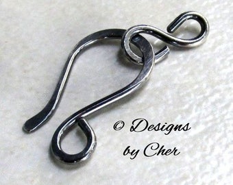 Sterling Silver Hook & Eye Clasp (16ga) Hand Forged Metalwork Component, Bright or Oxidized Made to Order
