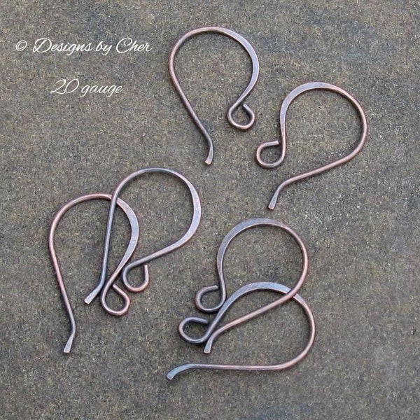 Hand Forged Copper Classic Hook Earwires (18-20 gauge) Hammered Rustic or Bright Jewelry Findings (3pr) MTO