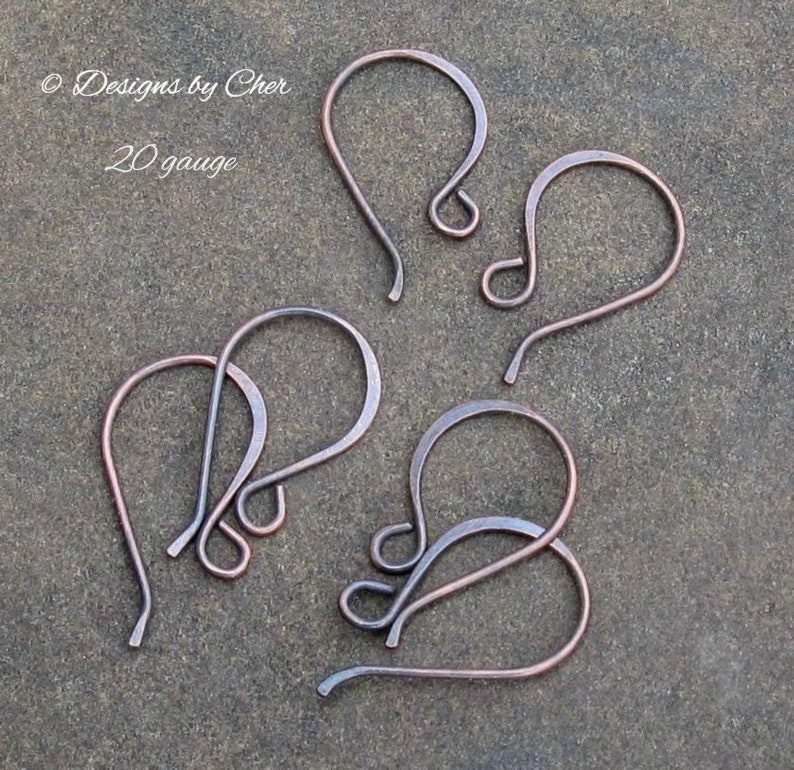 Hand Forged Copper Classic Hook Earwires 18-20 gauge Hammered Rustic or Bright Jewelry Findings 3pr MTO image 1