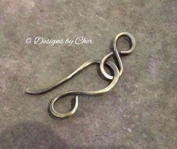 Antiqued Brass Large Hook & Eye Clasp 14ga Hand Forged Hammered 2pc Set  Unisex, MTO Design for Jewelry Making 