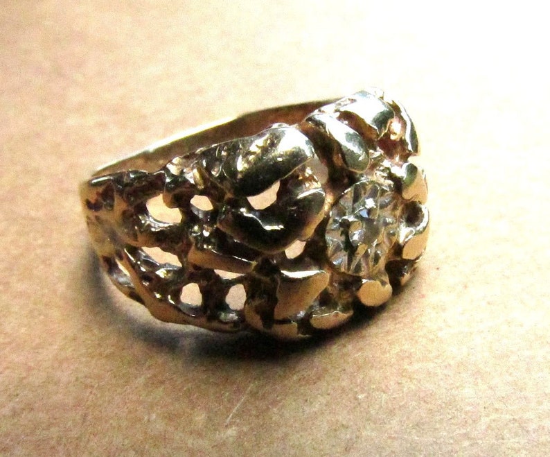 10K Gold Nugget Ring Diamond Set in White Gold, Vintage Size 8.5 JUST REDUCED Unisex Gently Worn image 8