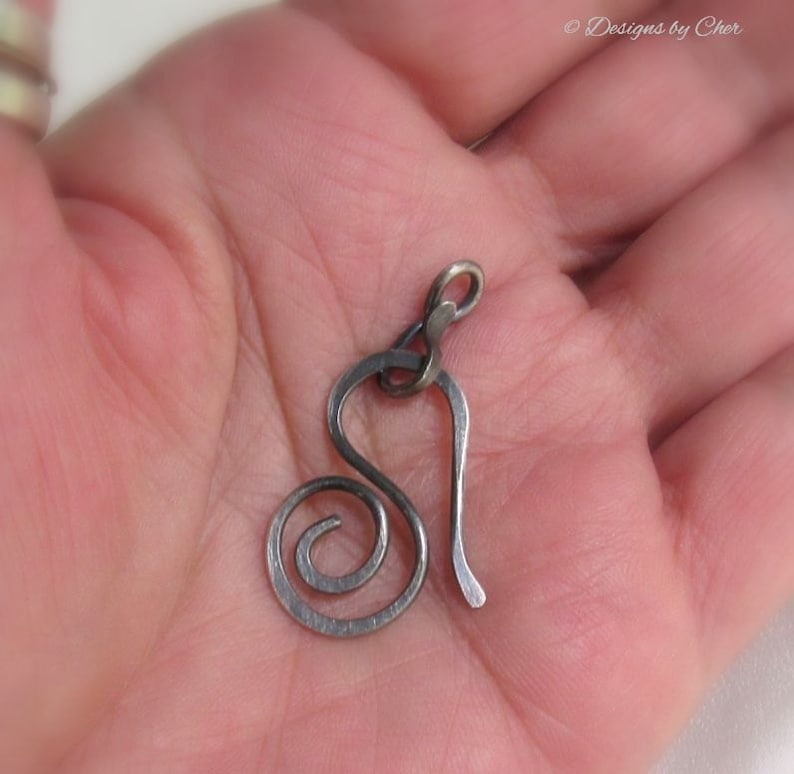 Sterling Silver Clasp 16ga Hand Forged Swirl Hook & Connector 2pc Hammered Metalwork Bright or Oxidized MTO image 4