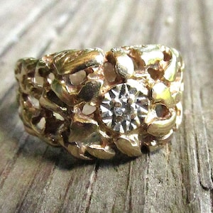 10K Gold Nugget Ring Diamond Set in White Gold, Vintage Size 8.5 JUST REDUCED Unisex Gently Worn image 1