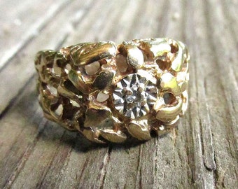 10K Gold Nugget Ring Diamond Set in White Gold, Vintage Size 8.5 JUST REDUCED Unisex Gently Worn