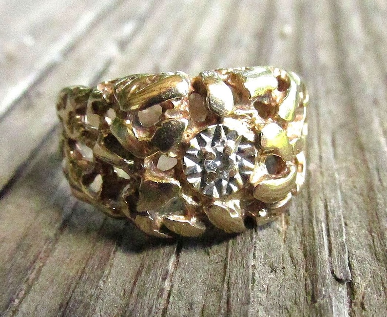 10K Gold Nugget Ring Diamond Set in White Gold, Vintage Size 8.5 JUST REDUCED Unisex Gently Worn image 1